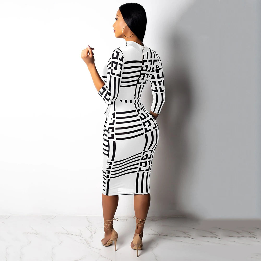 Women Sexy Turtleneck Short Sleeve Print Bodycon Midi Dress Female Elegant High Elastic Night Club Pencil Dresses With Sashes Women Sexy Turtleneck Short Sleeve Print Bodycon Midi Dress Female Elegant High Elastic Night Club Pencil Dresses With Sashes